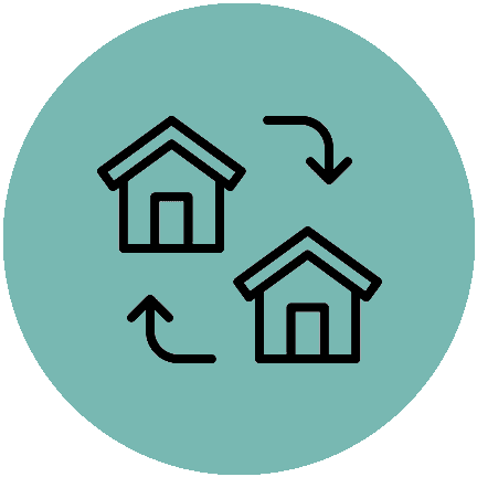 A black and white icon of two houses with arrows.